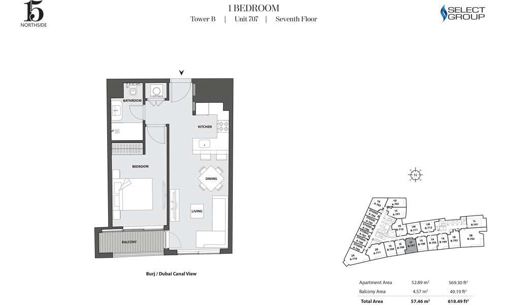 Tower B, 1 Bedroom, Unit 707, Seventh Floor