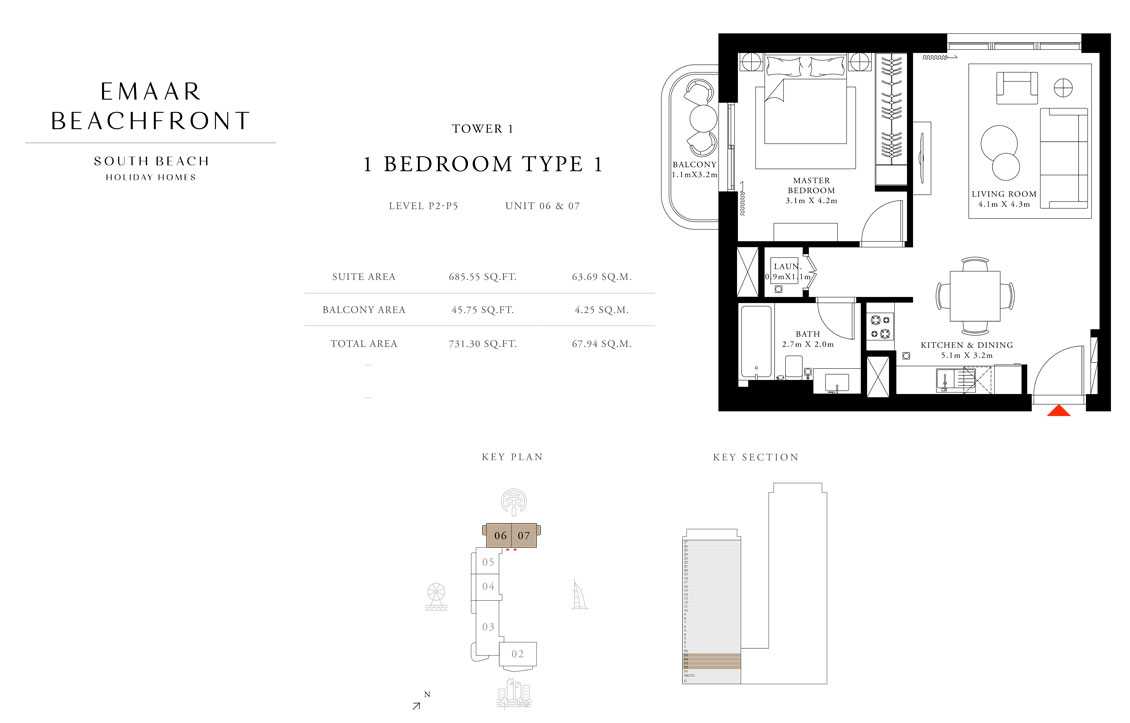 Tower-1,-Type-1,Level P2-P5,1-Bed,-Size-731.30-sq.ft