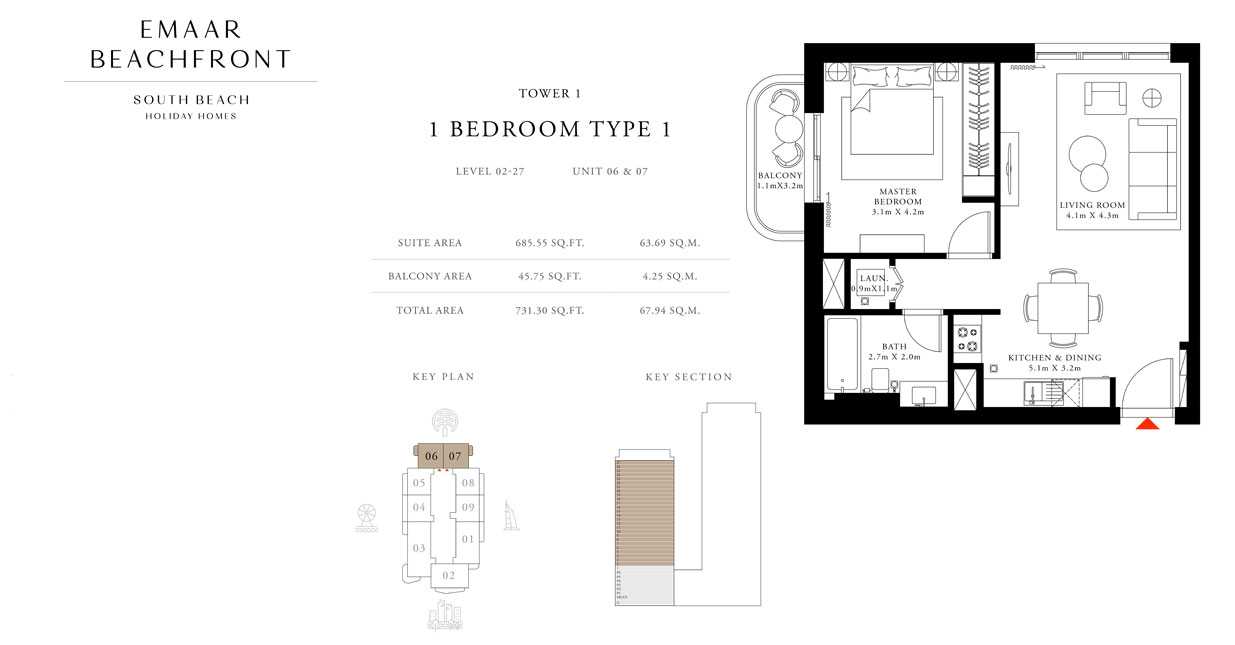Tower-1,-Type-1,Level-02-27,1-Bed,-Size-731.30-sq.ft