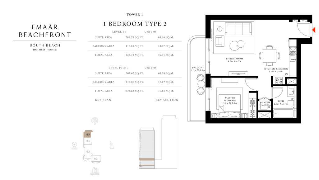 Tower-1,-Type-2,-1-Bed,-Size-825.70-sq.ft