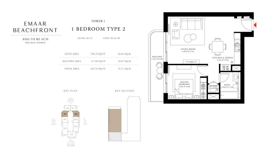 Tower-1,-Type-2,Level-02-27,1-Bed,-Size-825.70-sq.ft