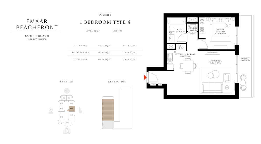 Tower-1,-Type-4,-1-Bed,-Size-870.70-sq.ft