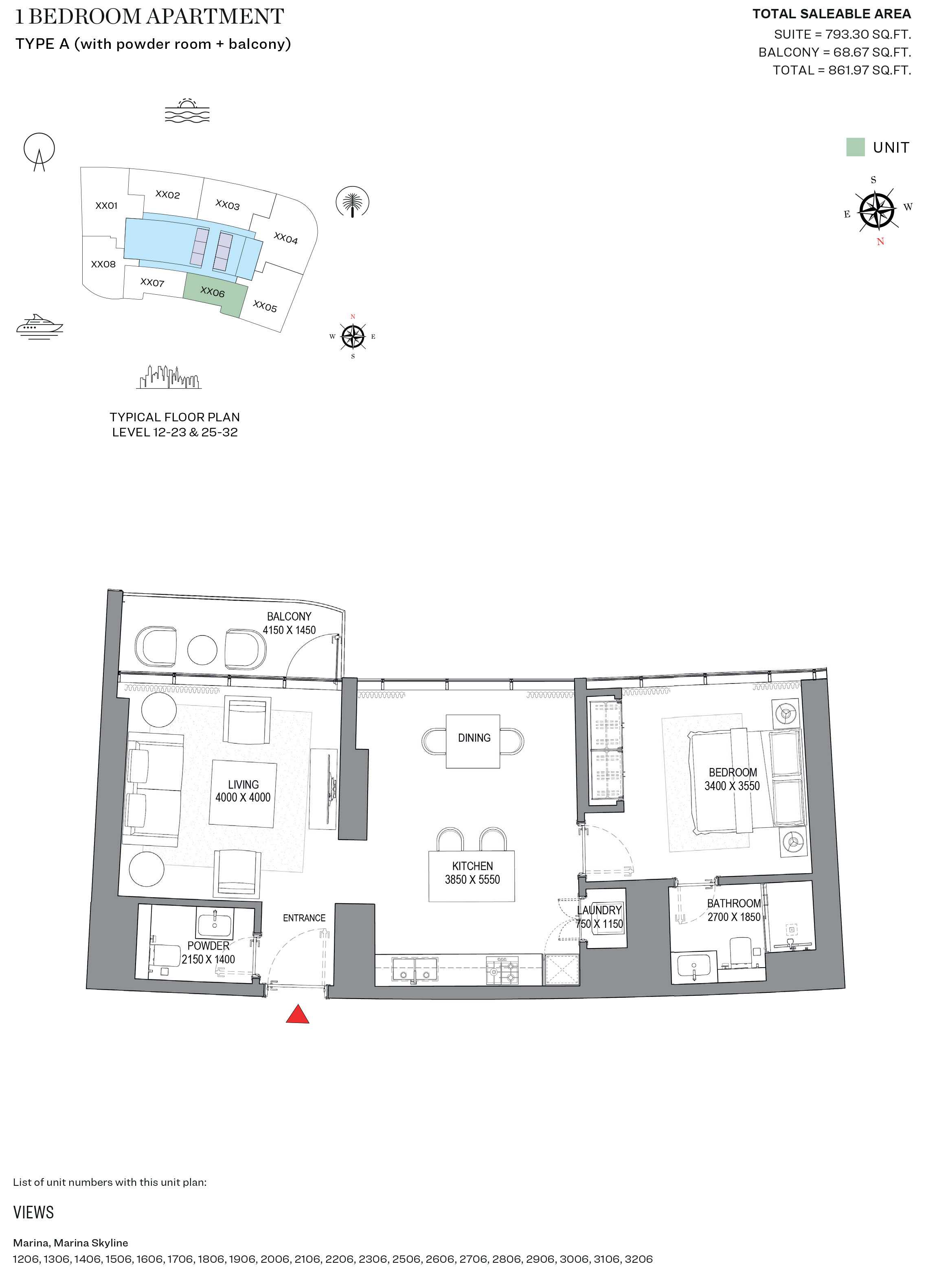 Type A, Level 12-23 & 25-32 - 1 BHK